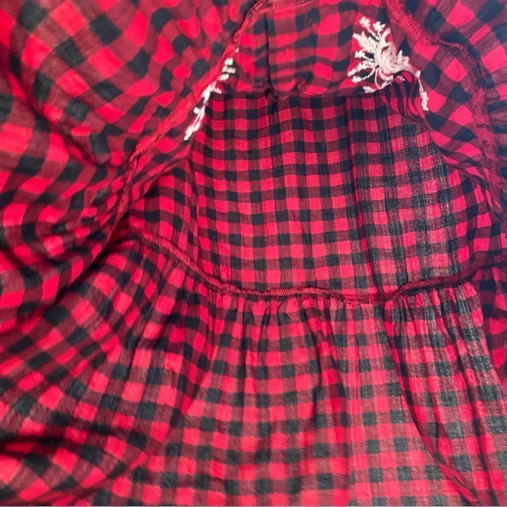 Gap Embroidered red Christmas Plaid button up ruffle shirt Dress girls XL